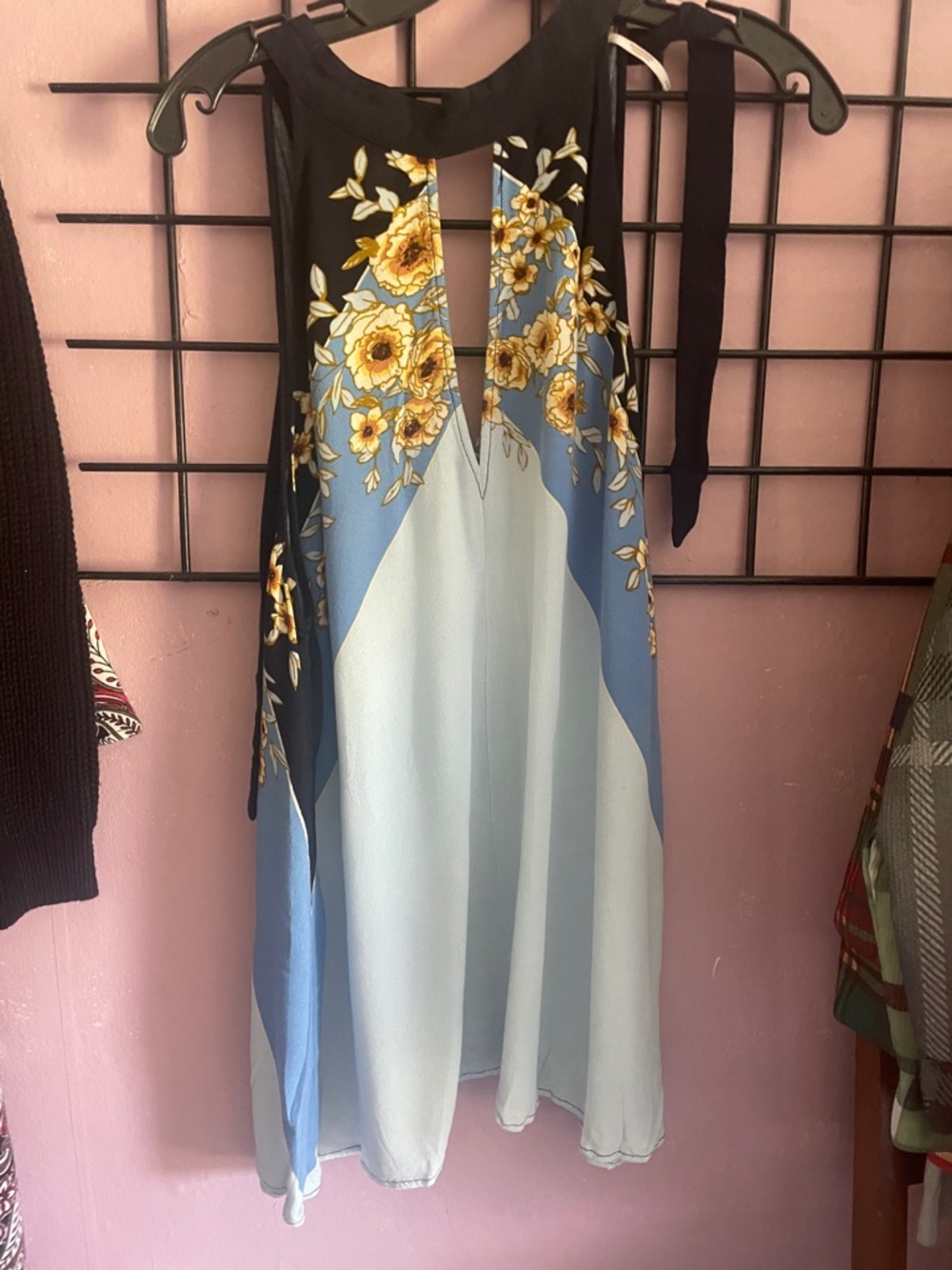 Free People Floral High-Low Halter Dress - Black, Light Blue & Yellow